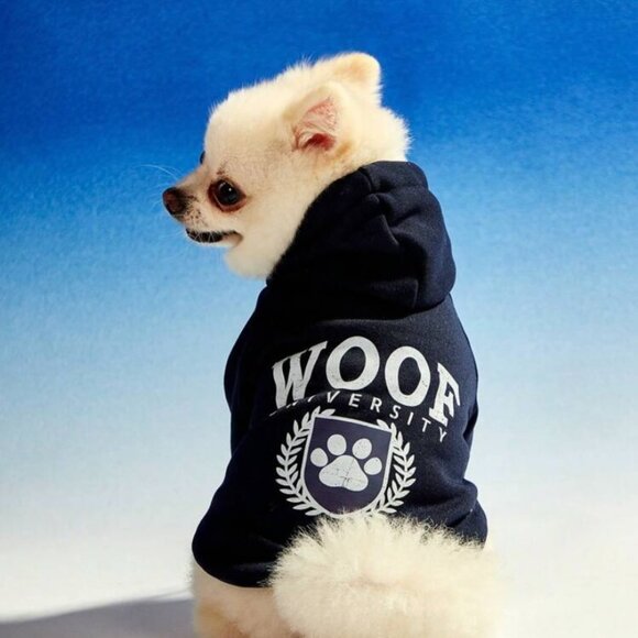 New PETSIN Dog Hooded Sweatshirt Woof University Letter Print, Navy, S & M - Picture 2 of 11